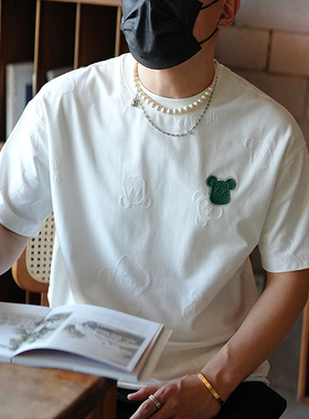 韩版潮流提花刺绣小熊短袖体恤男士夏季潮牌宽松圆领休闲半袖T恤