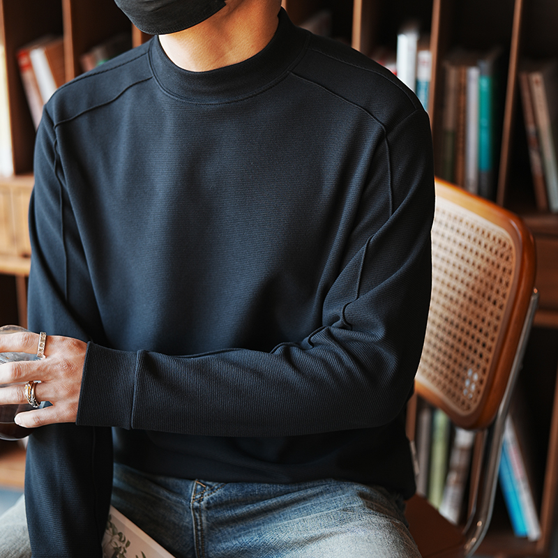 港风复古拼接设计半高领长袖T恤