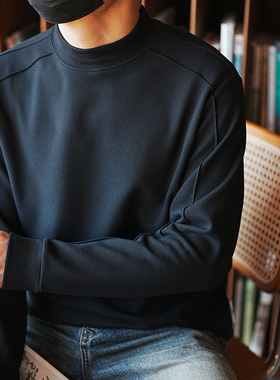 港风复古拼接设计半高领长袖T恤男士秋冬潮流新款简约百搭打底衫