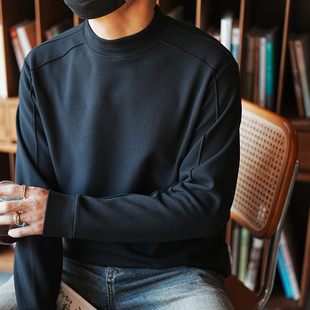 简约百搭打底衫 秋冬潮流新款 T恤男士 港风复古拼接设计半高领长袖