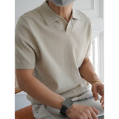 韩版 老钱风简约翻领T恤 男秋冬潮流新款 轻奢海鸥V领格纹短袖 针织衫