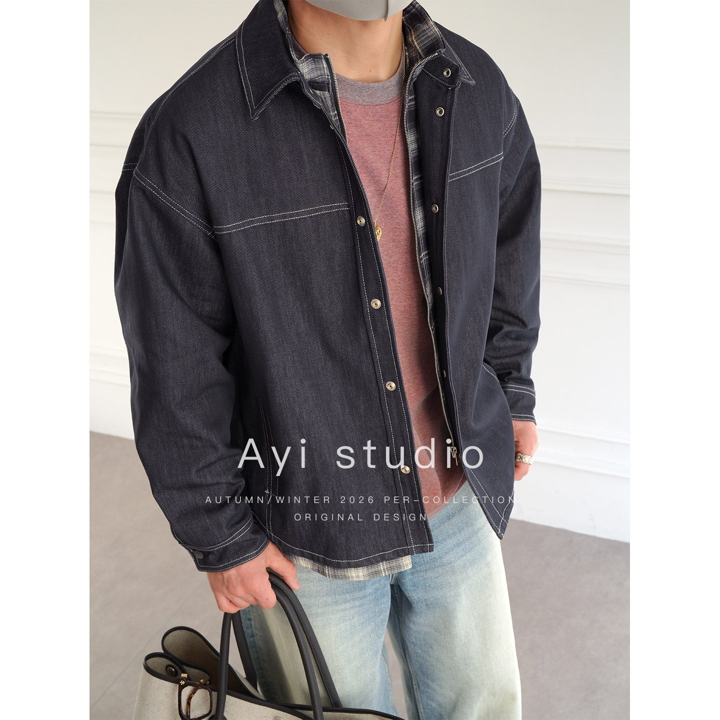 港风潮牌格纹拼接假两件牛仔外套男士早春时尚新款工装风翻领上衣,男装,牛仔外套,淘宝优惠券,粉丝福利购,淘宝优惠卷