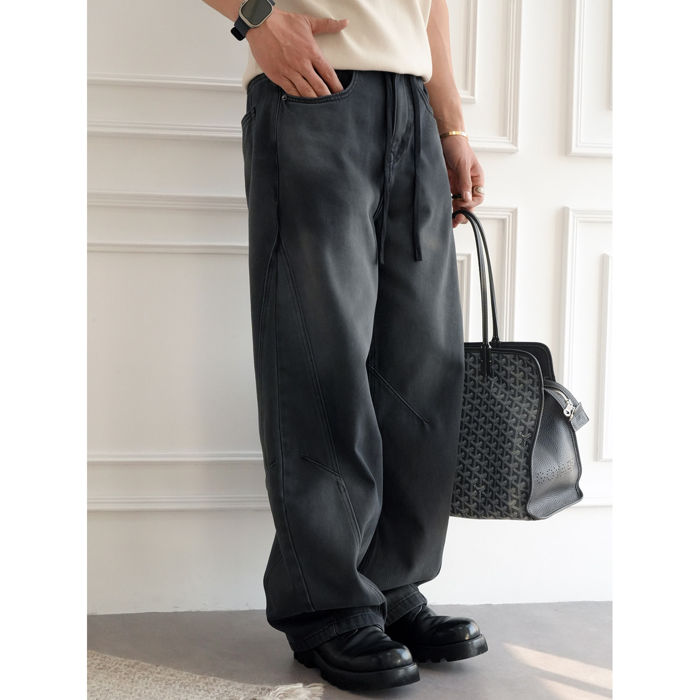 美式复古解构水洗做旧植绒牛仔裤