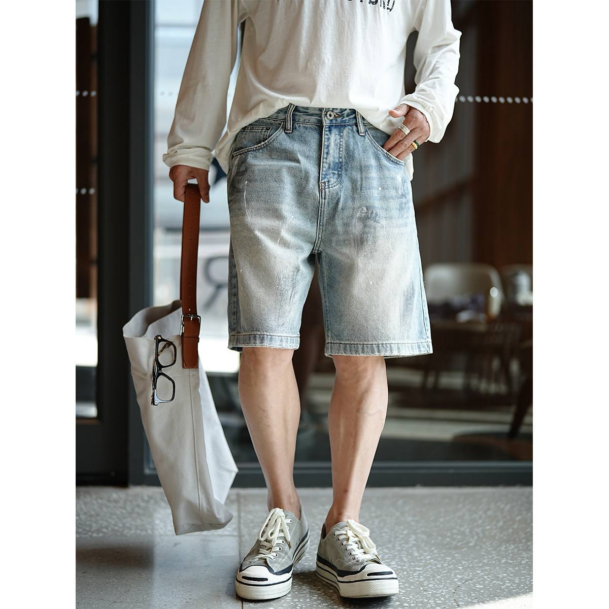 美式复古水洗蓝做旧磨白牛仔中裤男士夏季新款潮牌简约百搭五分裤,男装,牛仔裤,淘宝优惠券,粉丝福利购,淘宝优惠卷