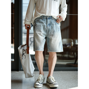 复古水洗蓝做旧磨白牛仔中裤 潮牌简约百搭五分裤 男士 新款 夏季 美式