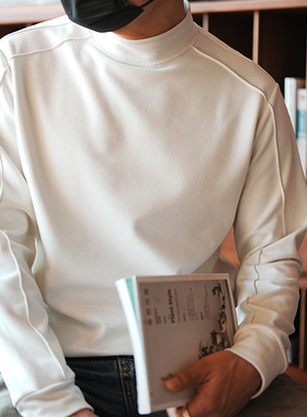 韩系轻奢风双肩线设计半高领长袖T恤男潮秋冬新款休闲纯色打底衫