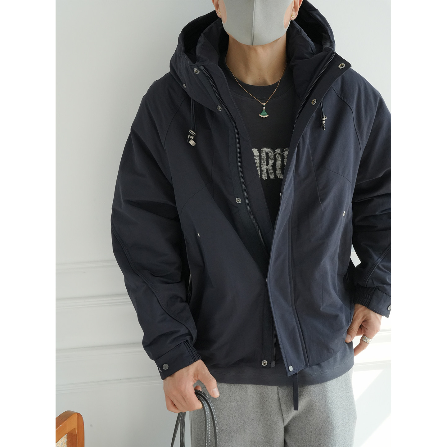美式高街拼接设计加厚连帽棉服男秋冬新款潮牌痞帅保暖冲锋衣外套