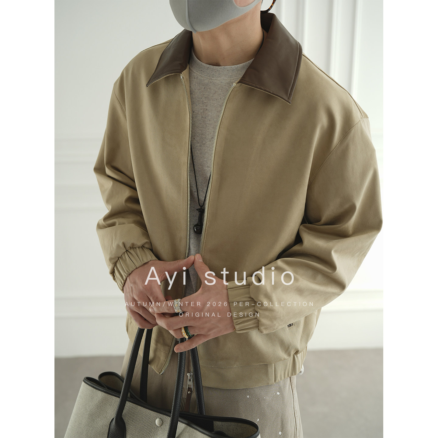 韩版轻奢拼接拼色翻领麂皮夹克男早春潮流新款高端轻熟风拉链外套