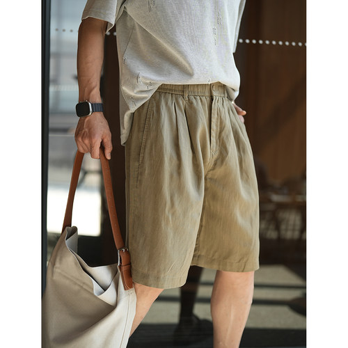 韩版轻奢松紧腰亚麻纯色五分裤男