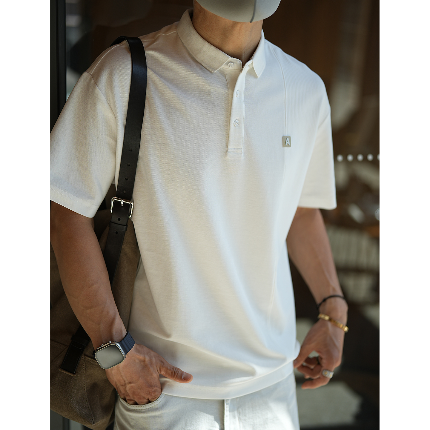 韩版精致绣标侧边拼色珠地棉T恤