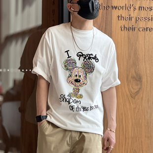 美式高街米奇重工刺绣短袖t恤男夏季潮牌植绒小众宽松五分袖体恤