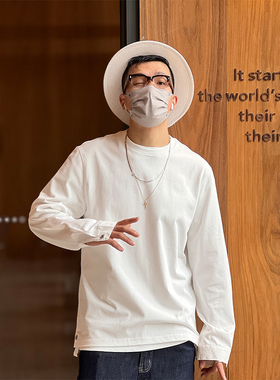 韩版简约圆领纯棉打底衫男士春秋季设计感衬衫袖休闲白色长袖T恤