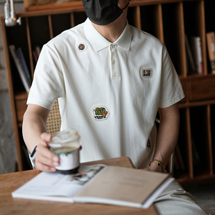 潮牌贴布刺绣纯色短袖 男夏季 美式 polo衫 翻领上衣 新款 痞帅撞色半袖