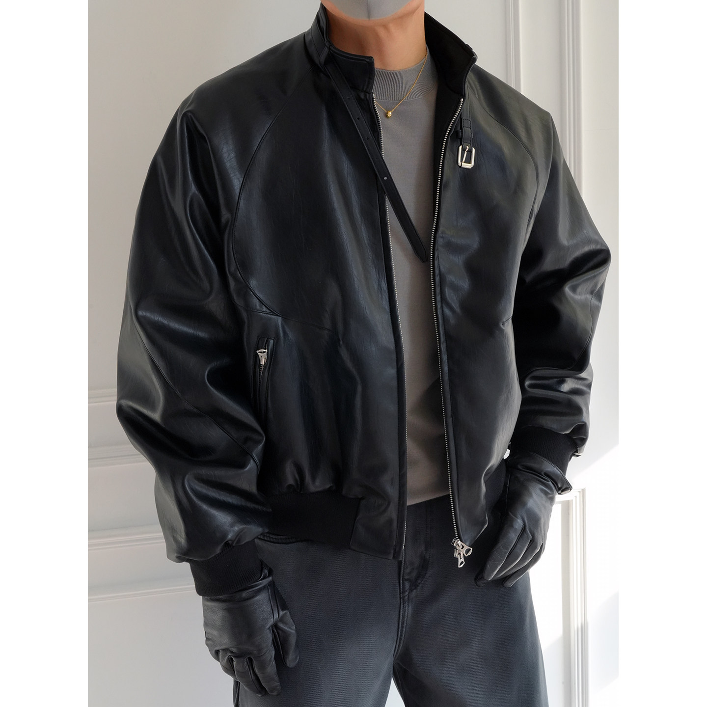 美式复古机车感拉链立领PU羽绒服