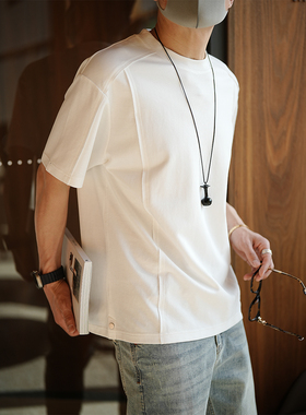 港风拼接设计辑明线纯色短袖T恤男士夏季潮流新款时尚简约打底衫