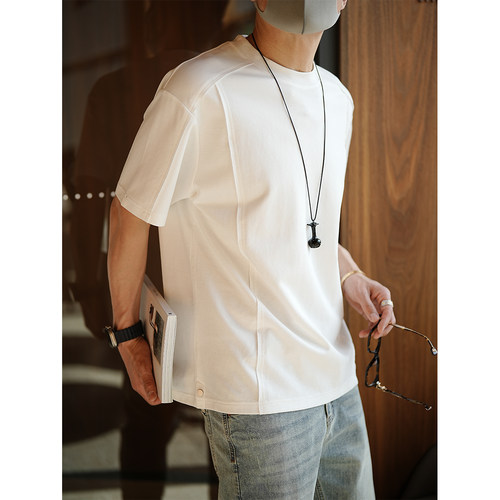 港风拼接设计辑明线纯色短袖T恤