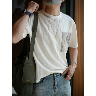 简约百搭圆领打底衫 国潮复古撞色拼料贴袋短袖 爆款 时尚 T恤男夏季