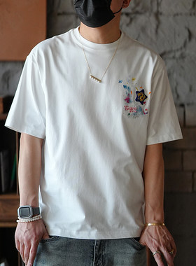 港风潮流设计感刺绣贴布半袖T恤