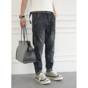 显瘦微锥长裤 男秋冬潮流新款 送腰带 高街重磅水洗蓝磨白牛仔裤 美式