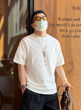 日系复古重磅纯色休闲男士短袖T恤ins透气纯棉圆领插肩打底衫体恤