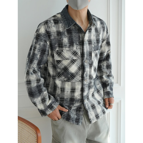 美式潮牌拼接撞色翻领牛仔外套