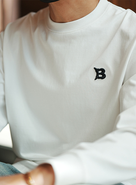 美式潮牌简约字母刺绣长袖T恤男士秋季新款高端白色打底衫上衣