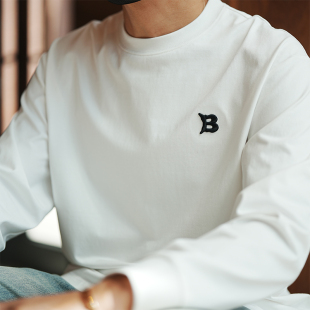 潮牌简约字母刺绣长袖 高端白色打底衫 T恤男士 新款 上衣 秋季 美式