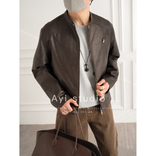 潮牌机车风拉链夹克 早春新款 美式 复古洗水做旧立领PU皮衣外套男士