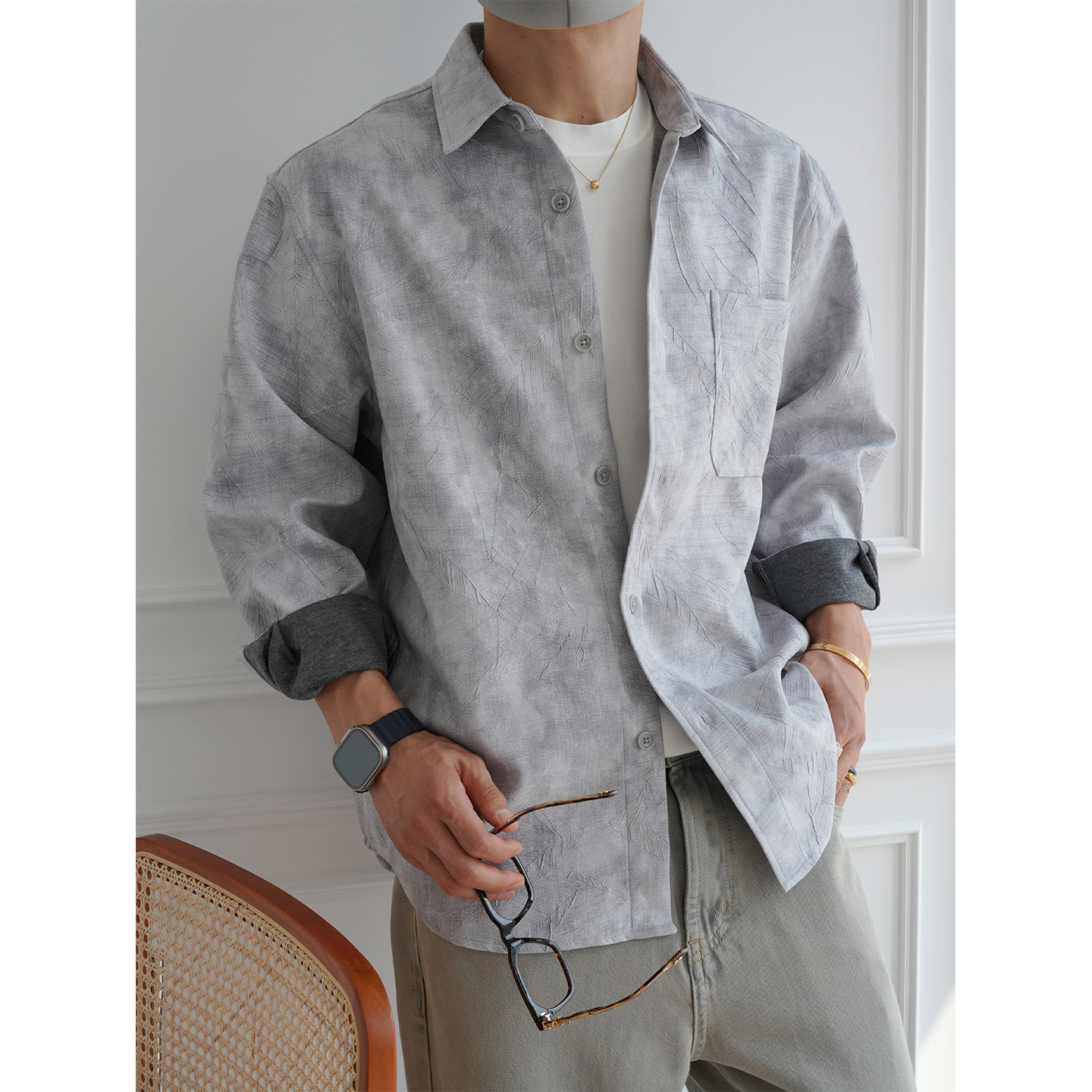 原创水墨肌理感撞色翻领长袖衬衫男秋季新款潮牌时尚痞帅休闲外套,男装,衬衫,淘宝优惠券,粉丝福利购,淘宝优惠卷