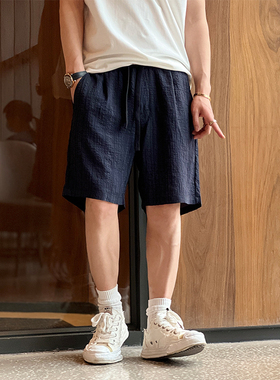 日系复古高级男士休闲五分裤2025夏季透气沙滩裤纯色宽松直筒短裤