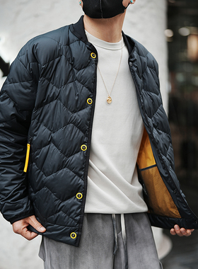 港风休闲轻薄简约棒球领羽绒服男装秋冬新款潮牌菱形格白鸭绒外套