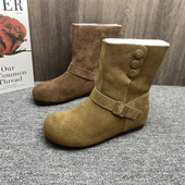 撤柜处理头层牛皮美拉德勃肯小短靴女新款 内增高软皮堆堆马丁靴女