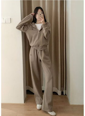 ZRSHOP时尚复古休闲刺绣连帽拉链加绒卫衣开衫高腰宽松卫裤套装女