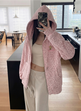 ZRSHOP美式街拍豹纹印花连帽卫衣女宽松百搭加绒拉链外套粉色