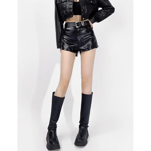 包臀热裤 百搭靴裤 含腰带 辣妹性感高腰紧身显瘦pu皮短裤 ZRSHOP美式