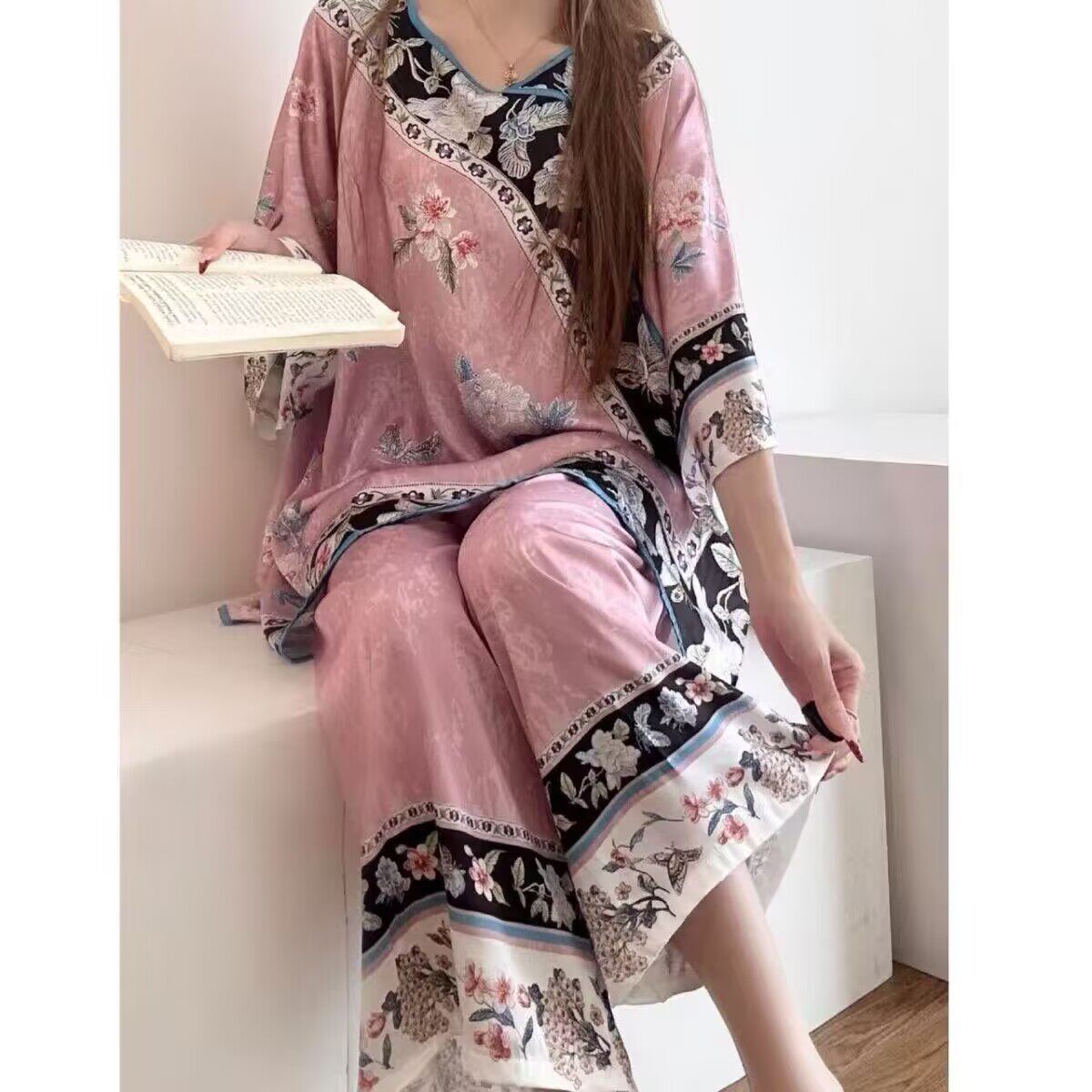 新中式高级感复古花卉印花睡衣女夏季新款国风短袖长裤家居服套装