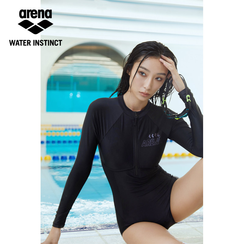 新款arena阿瑞娜连体三角泳衣长袖遮肚显瘦保守训练女士游泳衣