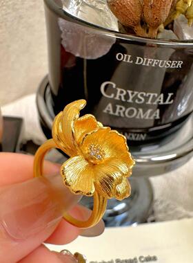 「轻金集」中式点钻拉丝立体工艺芍药花牡丹花戒指活口时尚戒指