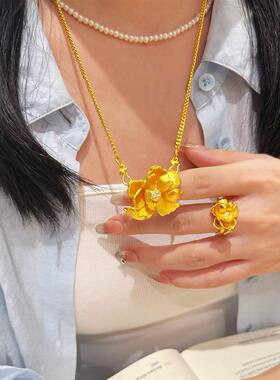 「轻金集」繁花似锦芍药花吊坠项链古法点钻拉丝牡丹花金色手工女