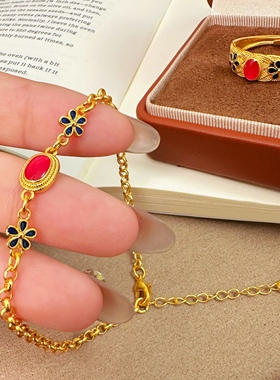 「轻金集」  新中式国潮风丨珐琅烧蓝花丝凤华小蓝花手链女款