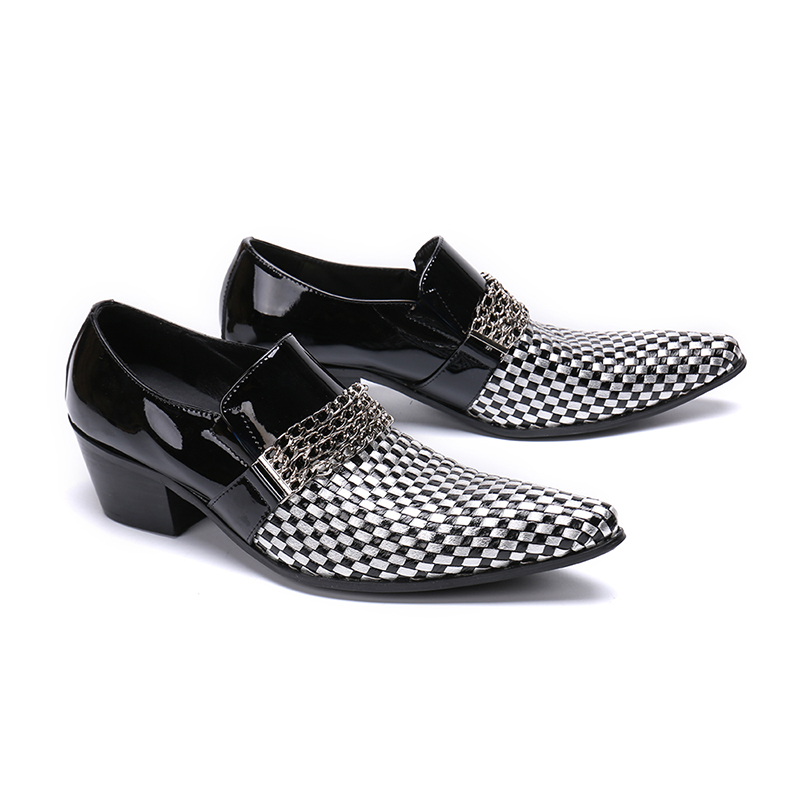 手工男鞋新款黑白方格拼色牛皮鞋尖头增高结婚新郎影楼拍照休闲鞋