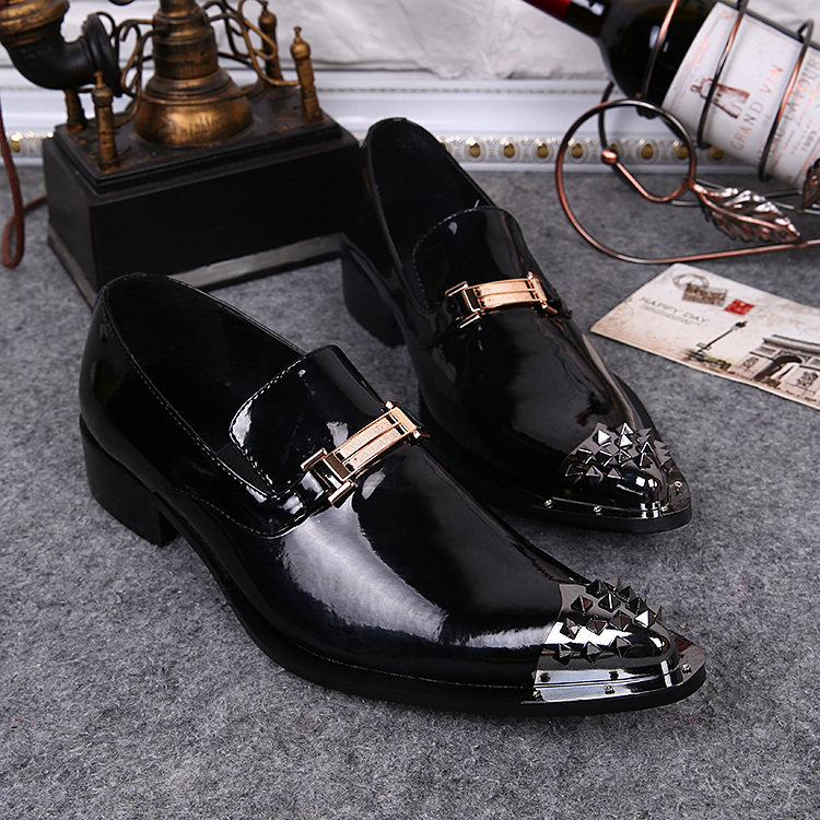 黑色漆皮搭扣牛皮尖头铁头外贸男鞋皮鞋 美发型师主持人T台歌手鞋
