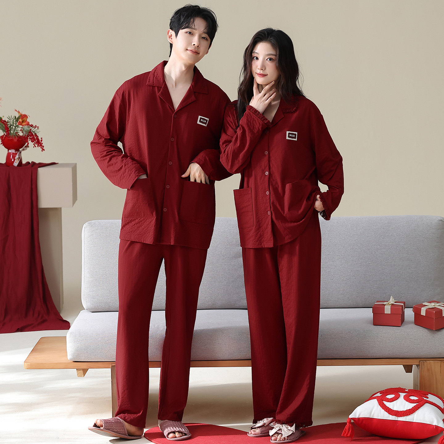 思馨坊结婚新婚男女纯棉红色睡衣