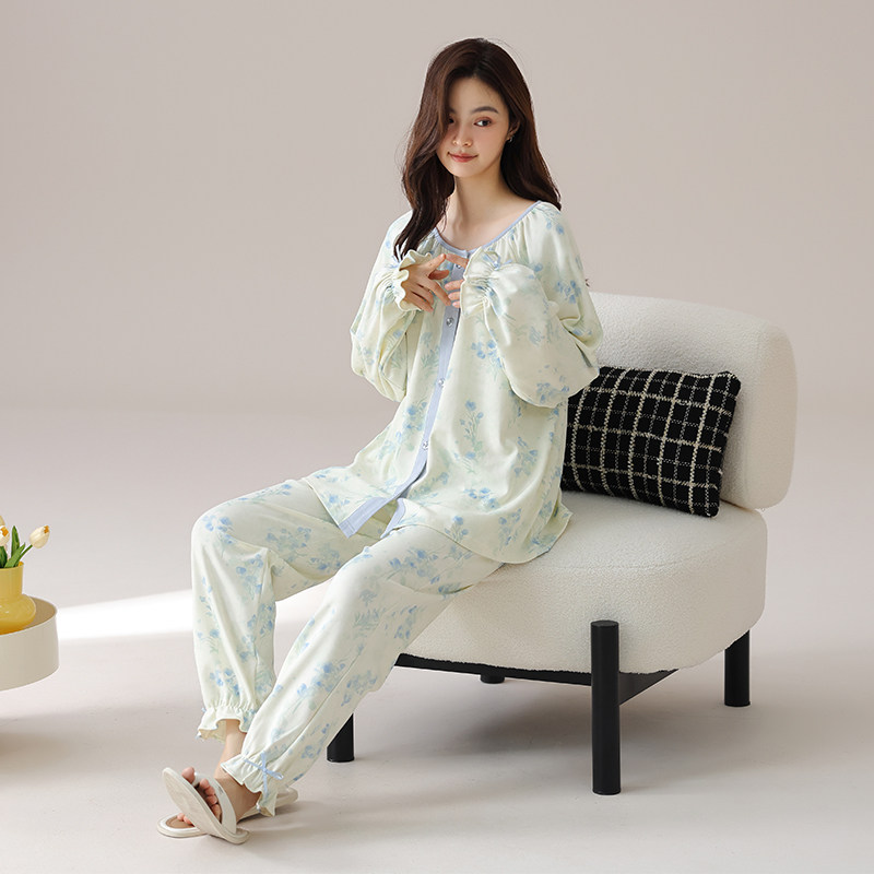 思馨坊睡衣春秋女款2025新款秋季纯棉女士长袖圆领开衫家居服套装