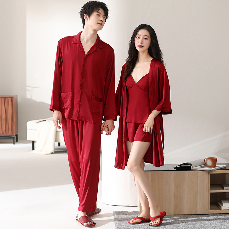 思馨坊冰丝红色情侣睡衣春秋男女士结婚新婚睡袍吊带三件套家居服