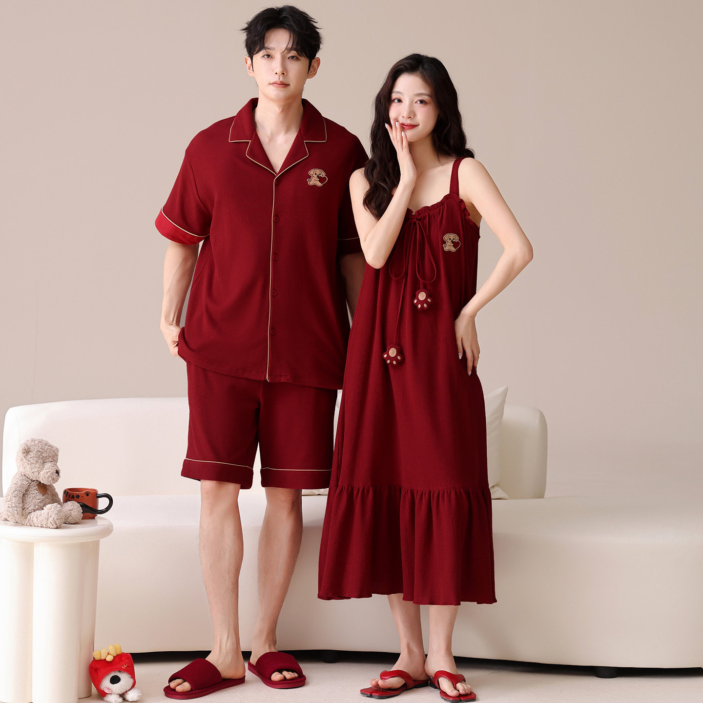 思馨坊红色情侣睡衣夏季纯棉吊带睡裙女可爱结婚本命年男士家居服