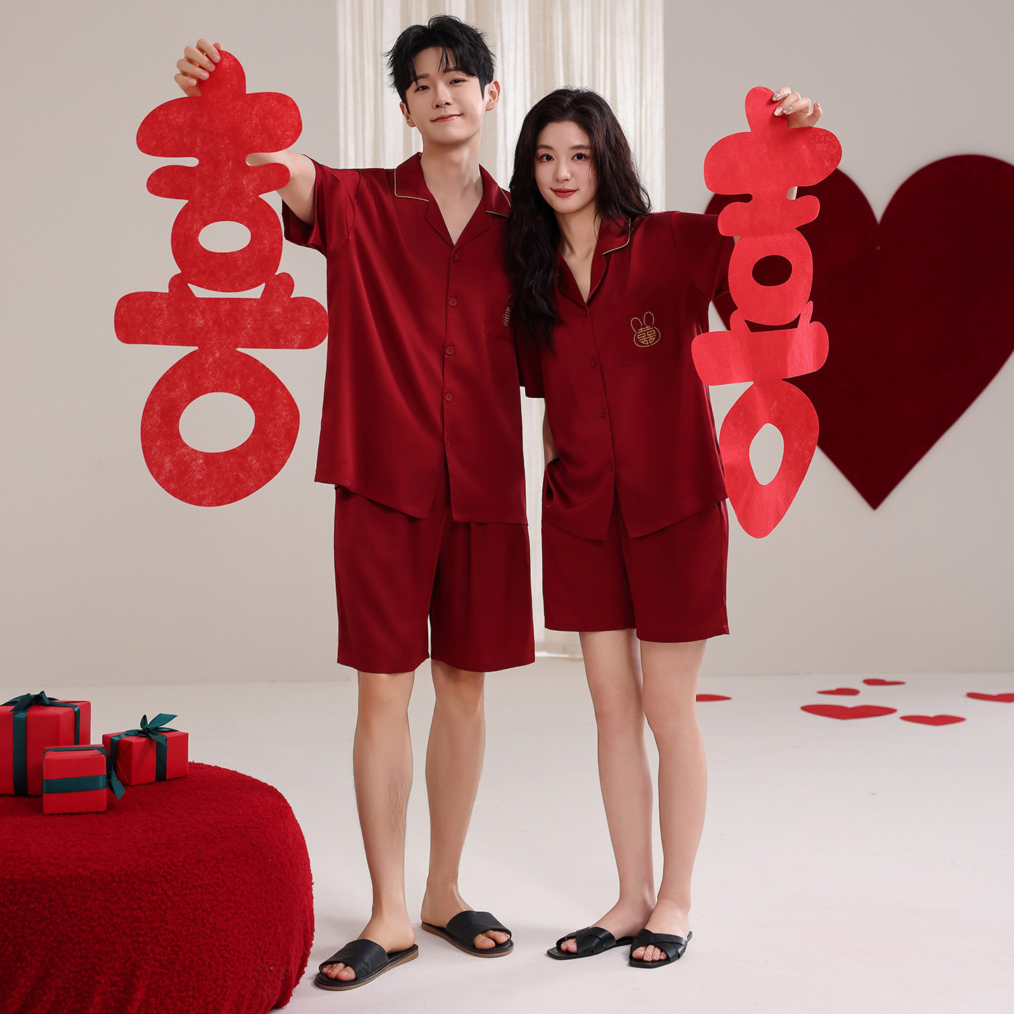 思馨坊国风结婚睡衣情侣夏季短袖薄款冰丝红色本命年男女士家居服