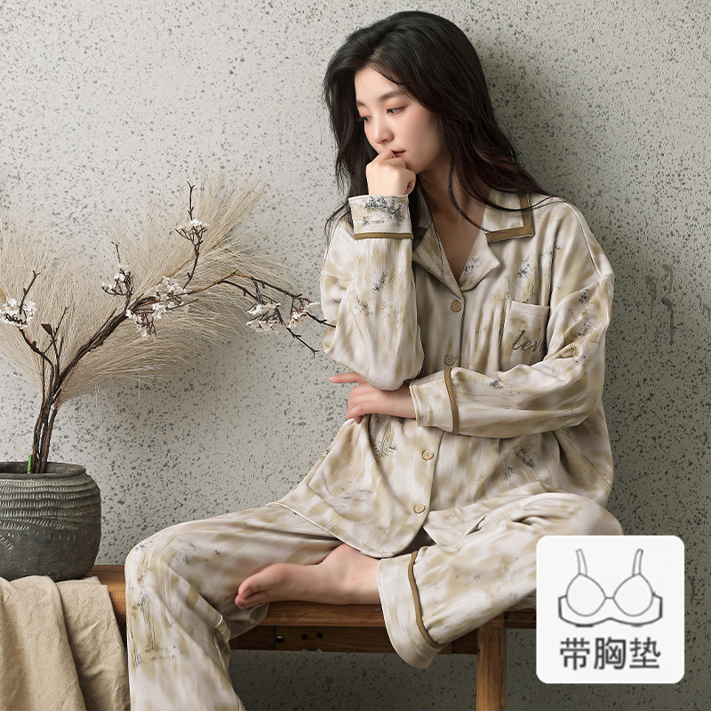 带胸垫睡衣女春秋款秋季纯棉长袖2024年新款女士大码宽松家居服冬