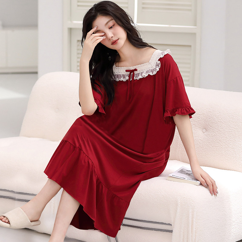 夏季莫代尔短袖红色结婚凉感睡衣