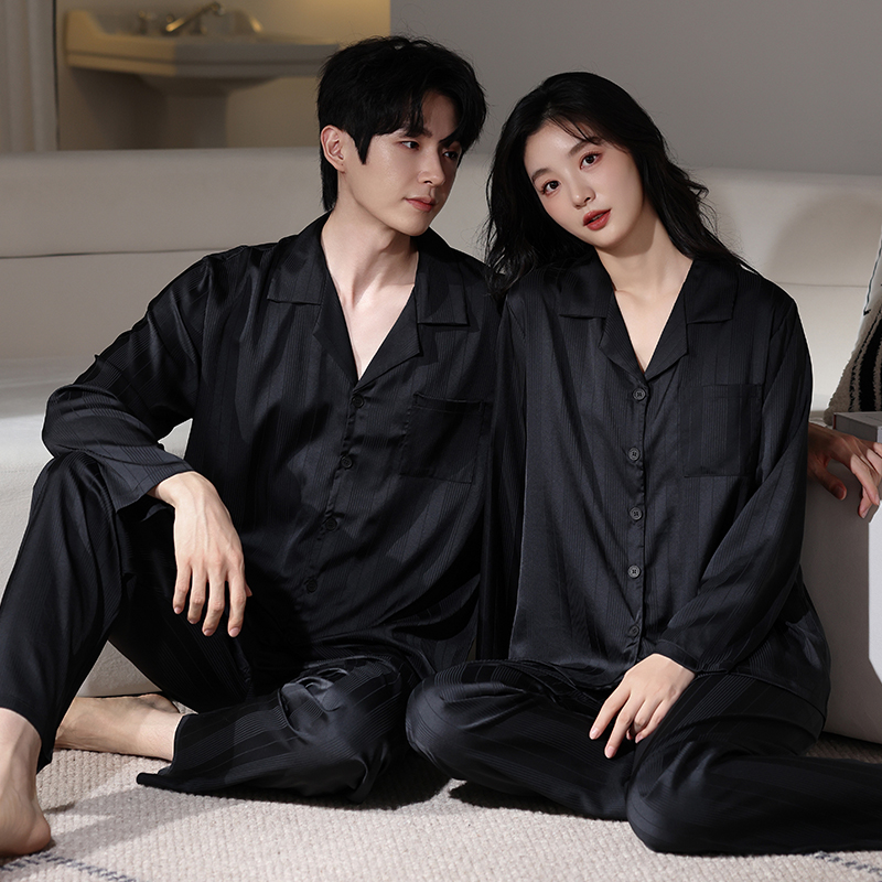 情侣冰丝长袖条纹高级感家居服夏